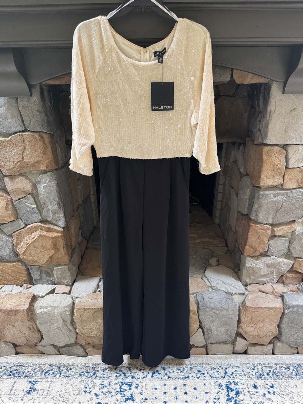 Halston  Cream Sequin Top Black Wide-Leg Jumpsuit